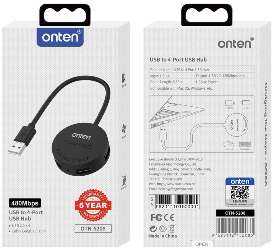 ONTEN OTN-5208 HUB/USB2.0 to 4-Port Hub