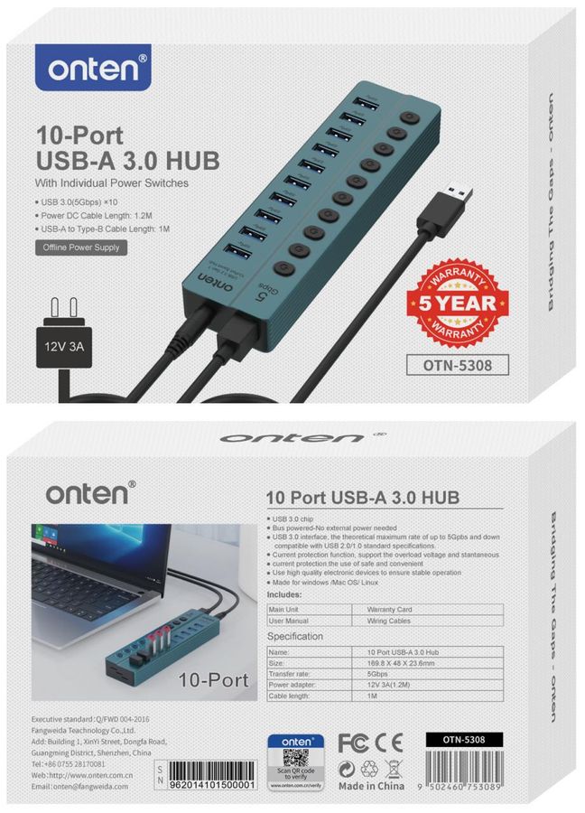 ONTEN OTN-5308 USB 3.2 Gen 1 10-Port Hub with separate buttons