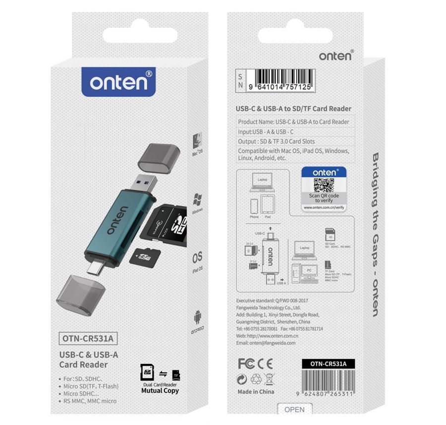 ONTEN OTN-CR531A 2-in-2 USB3.0 A+C to SD+TF Card Reader