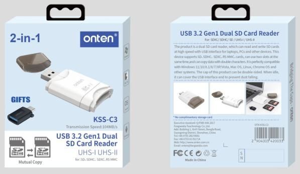 ONTEN OTN-KSS 2-in-1 USB 3.2 Gen1 Daul SD 3.0 Card Reader USB 3.2 Gen1