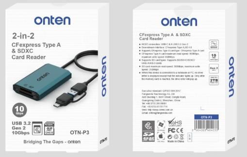 ONTEN OTN-KSS CFexpress Type A & SDXC Card Reader USB 3.2 Gen 2 10Gbps Support : USB-C or USB-A CFexpress A