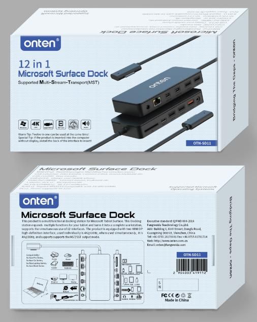 ONTEN OTN-SD11 12-in-1 Surface Multi-function docking station Mini DPX2+RJ45(Gigabit)+USB 3.0*2+USB2.0*2+USB(QC 3.0)+Aud
