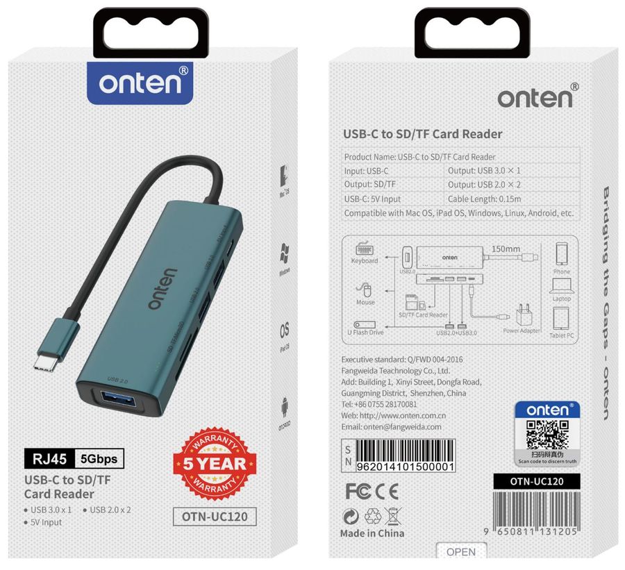 ONTEN OTN-UC120 6-in-1 USB-C to SD/TF Card Reader with 3-Port USB Hub (USB 3.0+USB 2.0*2) USB-C to SD/TF