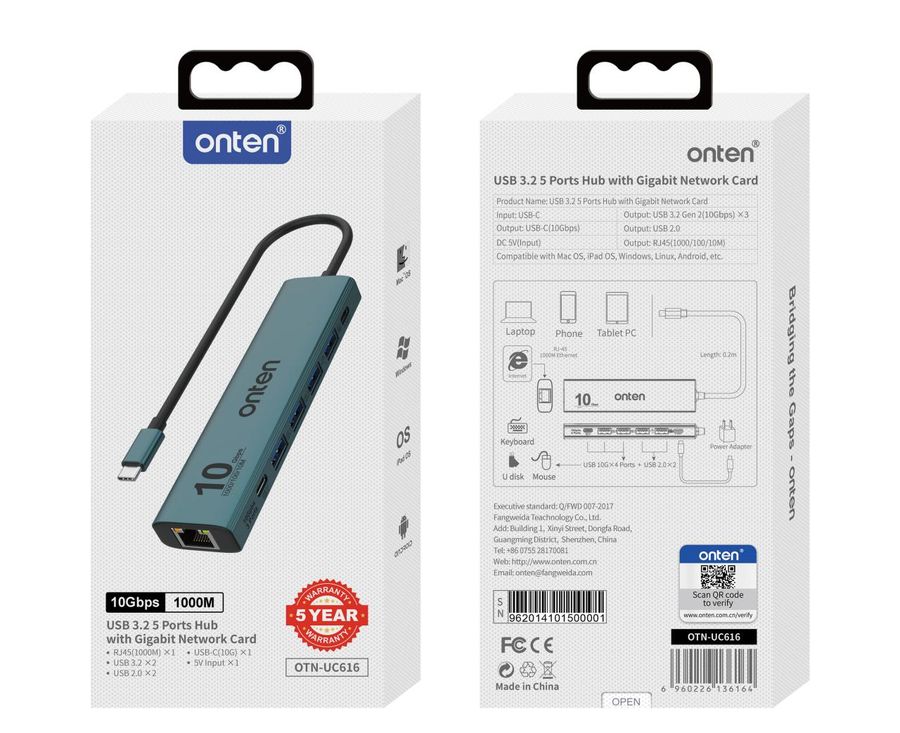ONTEN OTN-UC616 6-in-1 USB 3.2 Gen 2 5-Ports Hub with Gigabit Network Card 6