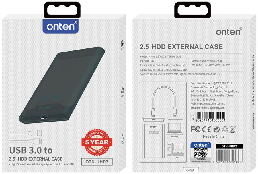 ONTEN OTN-UHD2 USB 3.0 2.5 inch External Hard Drive Box HDD (Complimentary data cable) 2.5