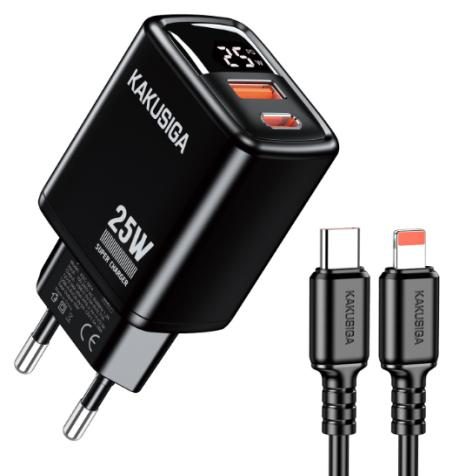 KAKUSIGA KSC-1615 PD25W+QC3.0 Digital Display Charger Set (EU) (Type-C to Lightning)