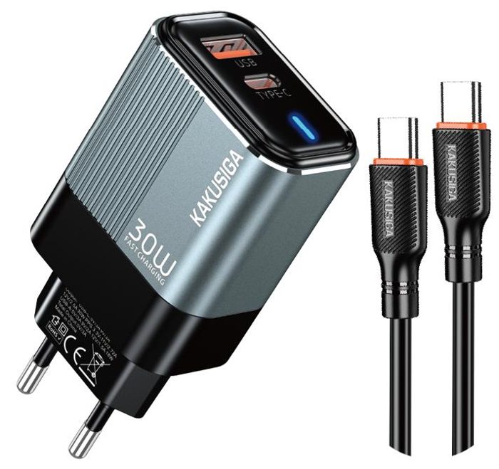 KAKUSIGA KSC-2228 PD30W + QC3.0 Metal Charger Kit Private Mold with LED (EU) (Type-C to Type-C)